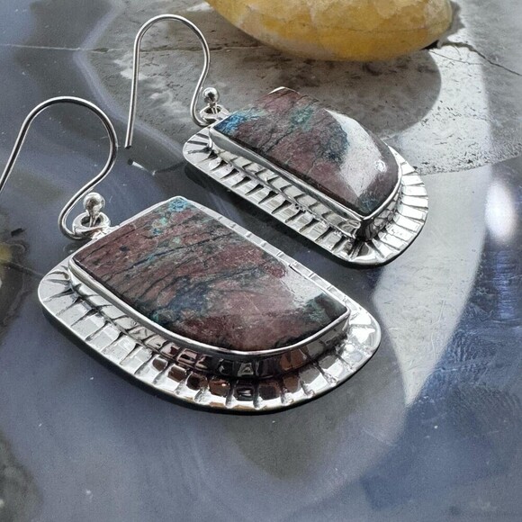 Sterling Southwestern Style Shattuckite Decorated Dangle Earrings For Women - Picture 3 of 10
